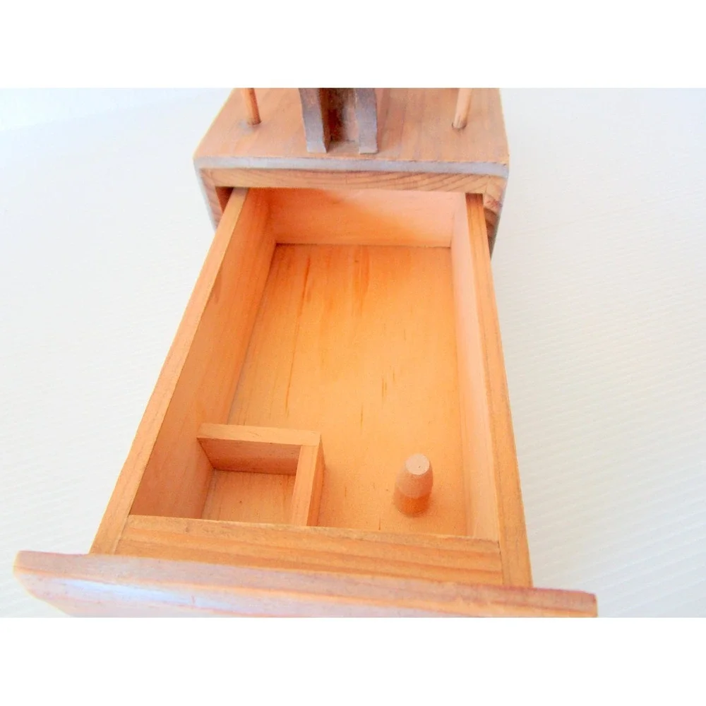 Vintage Wooden Drawer Sewing Box Organizer Spool Holders Scissors On Top Cottage